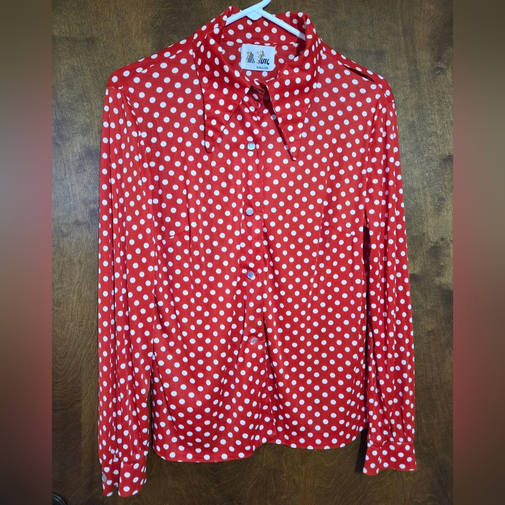 70s Mr. Fine Dallas Red White Polka Dot Long Sleeve Blouse Butterfly Collar LRG
